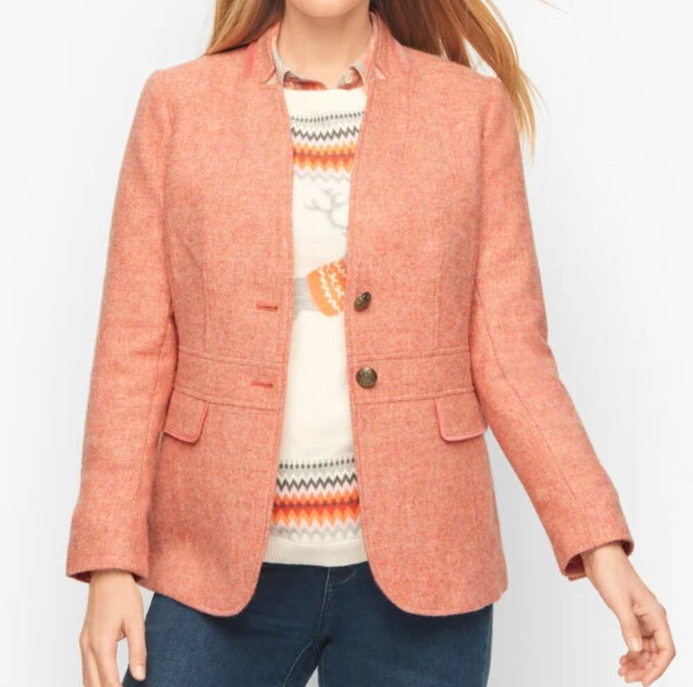 Talbots NEW Classic Shetland Blazer 14 Bicolor Herringbone Coral Pink Peach